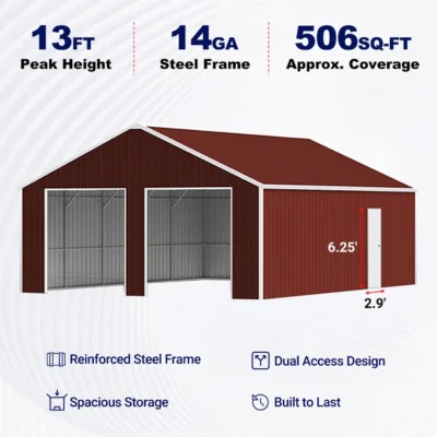 23' x 22' Heavy-Duty Steel Double Garage Barn Shed