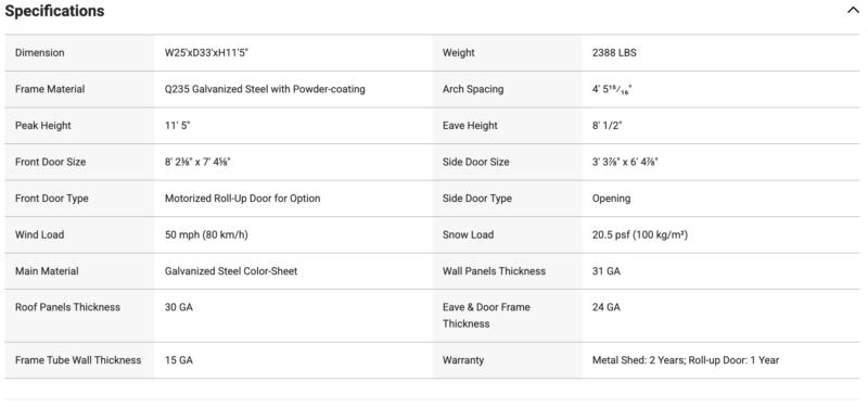25' x 33' Metal Garage with Double Roll-Up Door