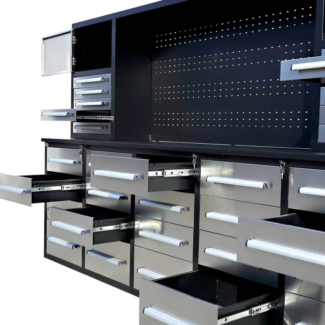 10ft workbench cabinet with drawers of different sizes