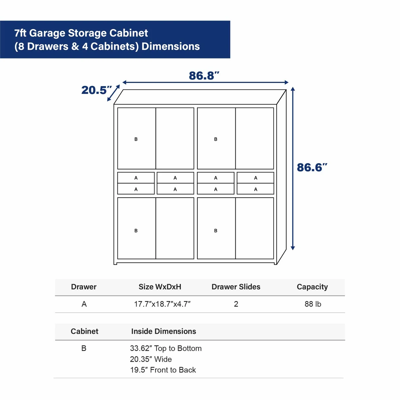 7ft Garage Storage Cabinet (8 Drawers & 4 Cabinets) 6 7ft Garage Storage Cabinet 8 Drawers 8 Cabinets dimension