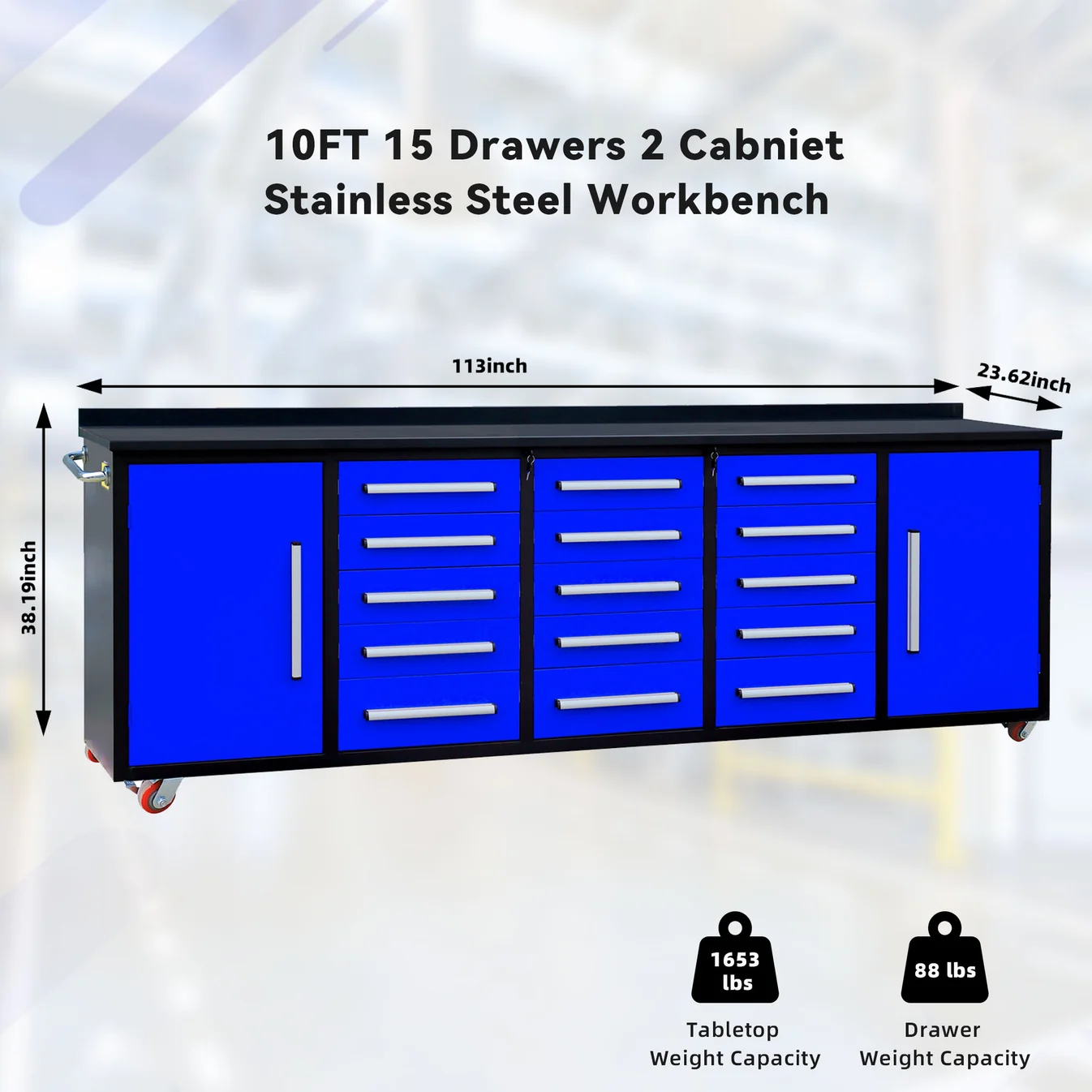 10ft 15-Drawer Storage Workbench with Wheels 11 Workbench 10FT 15D 2 1C wheels and handles Blue 2