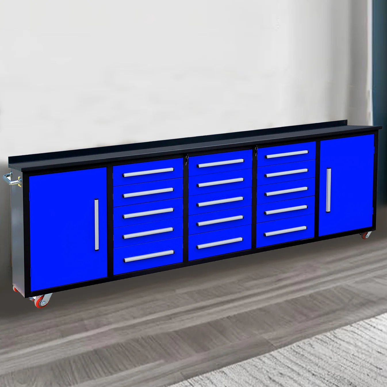 10ft 15-Drawer Storage Workbench with Wheels 8 Workbench 10FT 15D 2 1C wheels and handles Blue 6