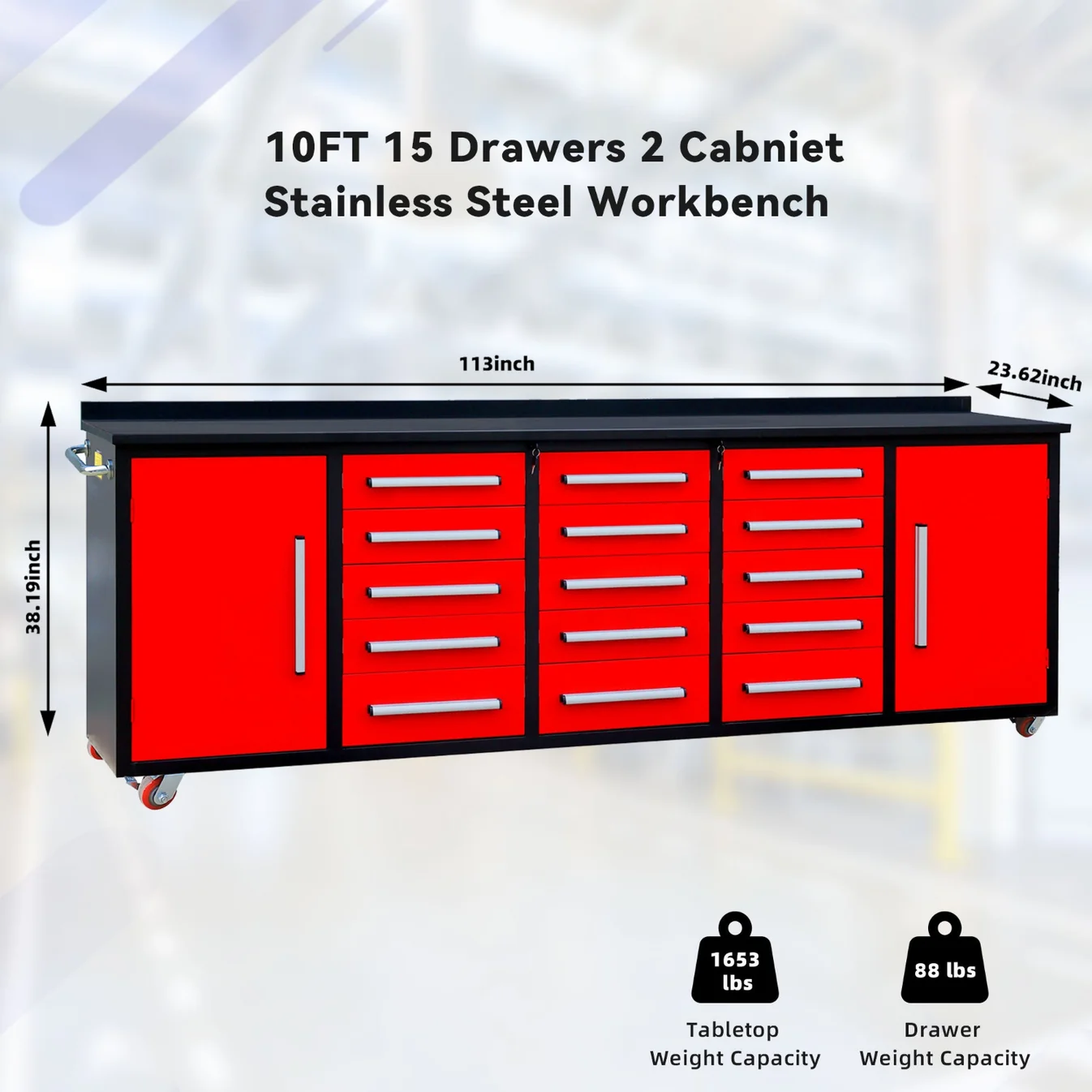 10ft 15-Drawer Storage Workbench with Wheels 7 Workbench 10FT 15D 2 1C wheels and handles Red 2