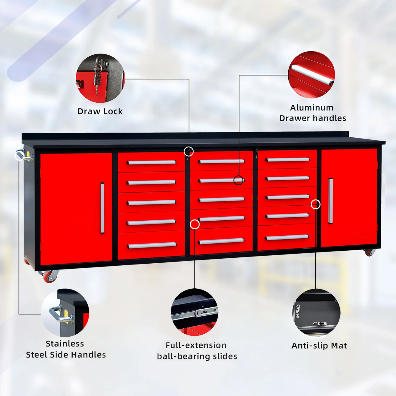 10ft 15-Drawer Storage Workbench with Wheels 6 Workbench 10FT 15D 2 1C wheels and handles Red 3