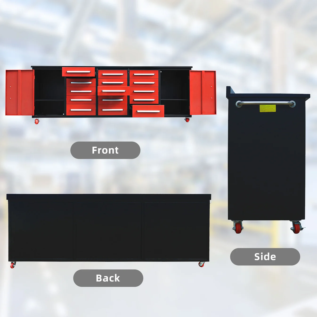 10ft 15-Drawer Storage Workbench with Wheels 4 Workbench 10FT 15D 2 1C wheels and handles Red 5