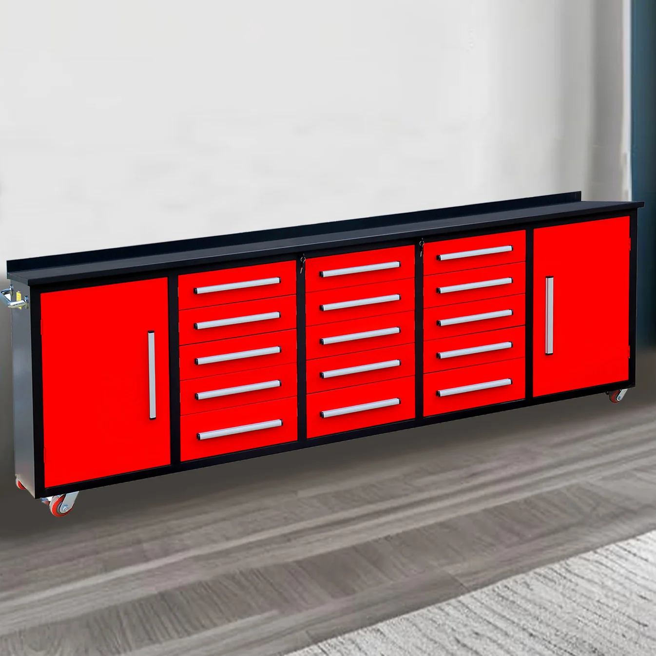 10ft 15-Drawer Storage Workbench with Wheels 3 Workbench 10FT 15D 2 1C wheels and handles Red 6