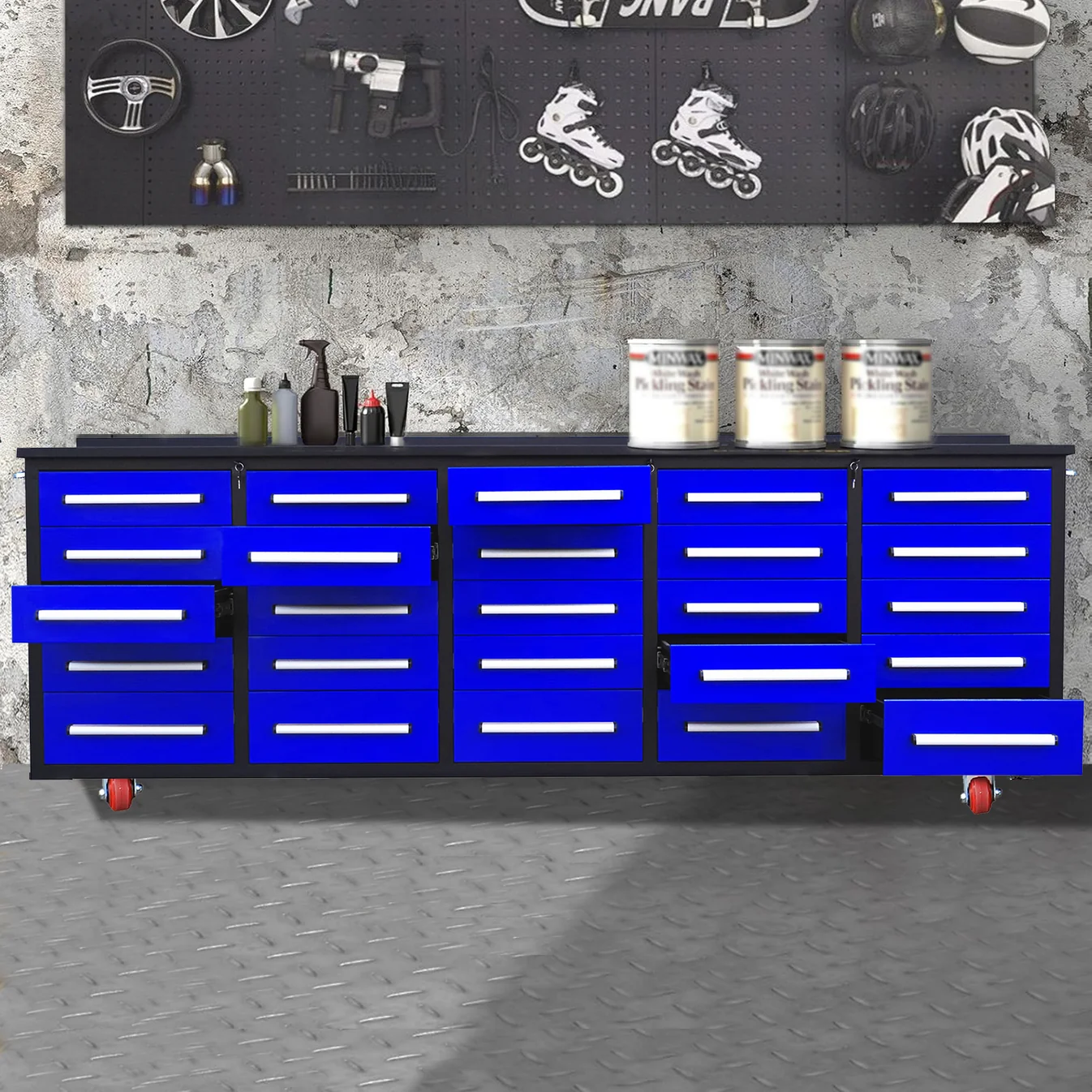 10ft 25-Drawer Storage Workbench with Wheels 3 Workbench 10FT 25D wheels and handles Blue 6