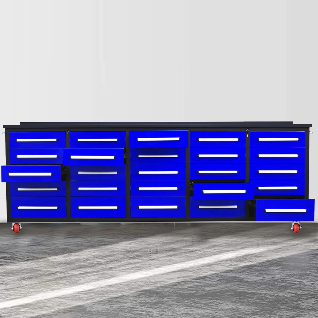 10ft 25-Drawer Storage Workbench with Wheels 4 Workbench 10FT 25D wheels and handles Blue 7