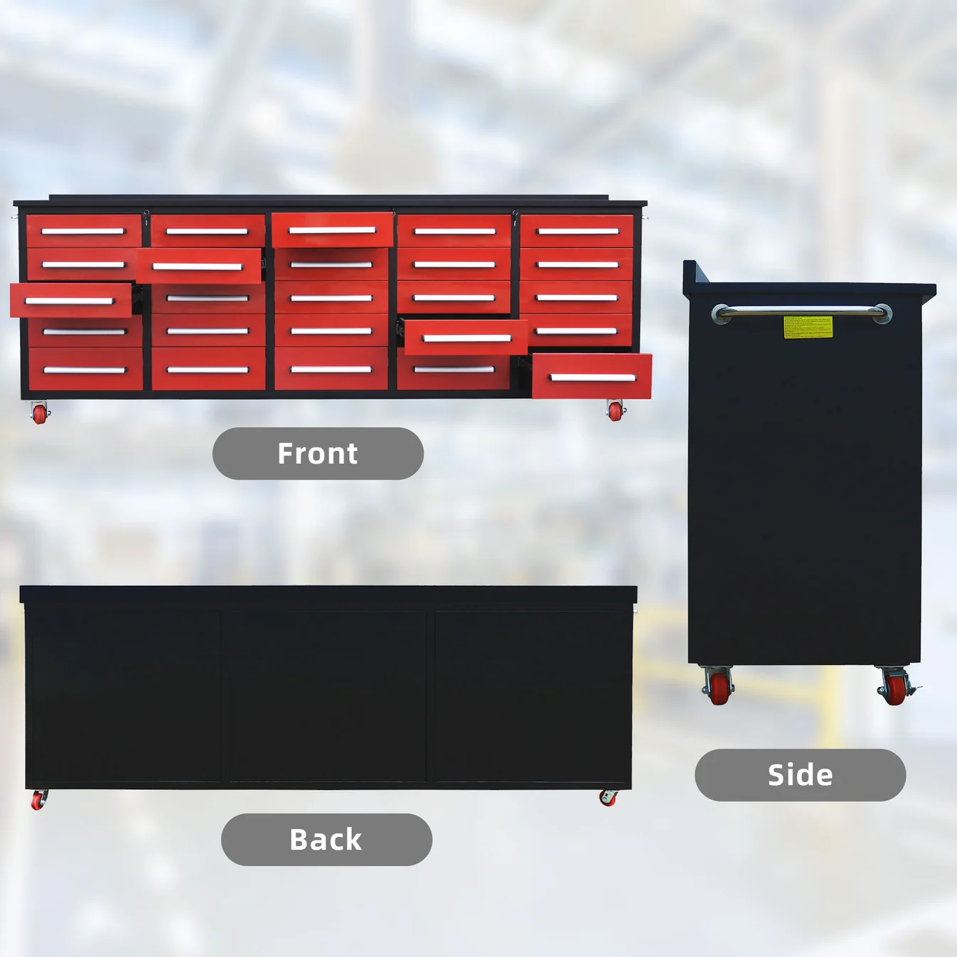 10ft 25-Drawer Storage Workbench with Wheels 5 Workbench 10FT 25D wheels and handles Red 5