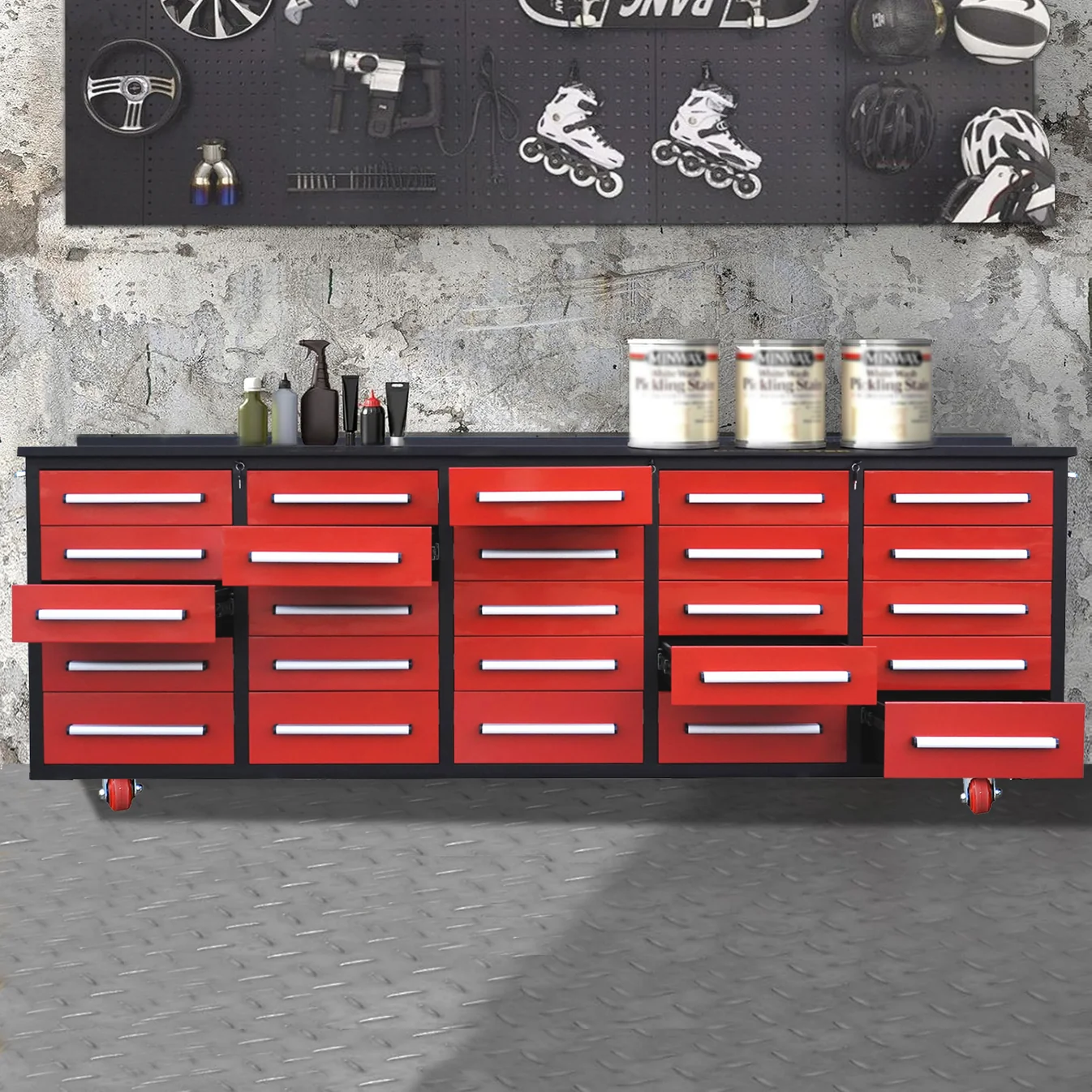 10ft 25-Drawer Storage Workbench with Wheels 6 Workbench 10FT 25D wheels and handles Red 6