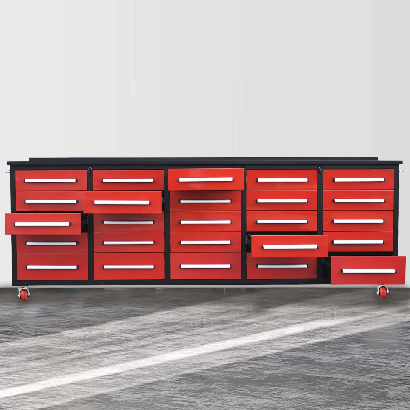 10ft 25-Drawer Storage Workbench with Wheels 7 Workbench 10FT 25D wheels and handles Red 7
