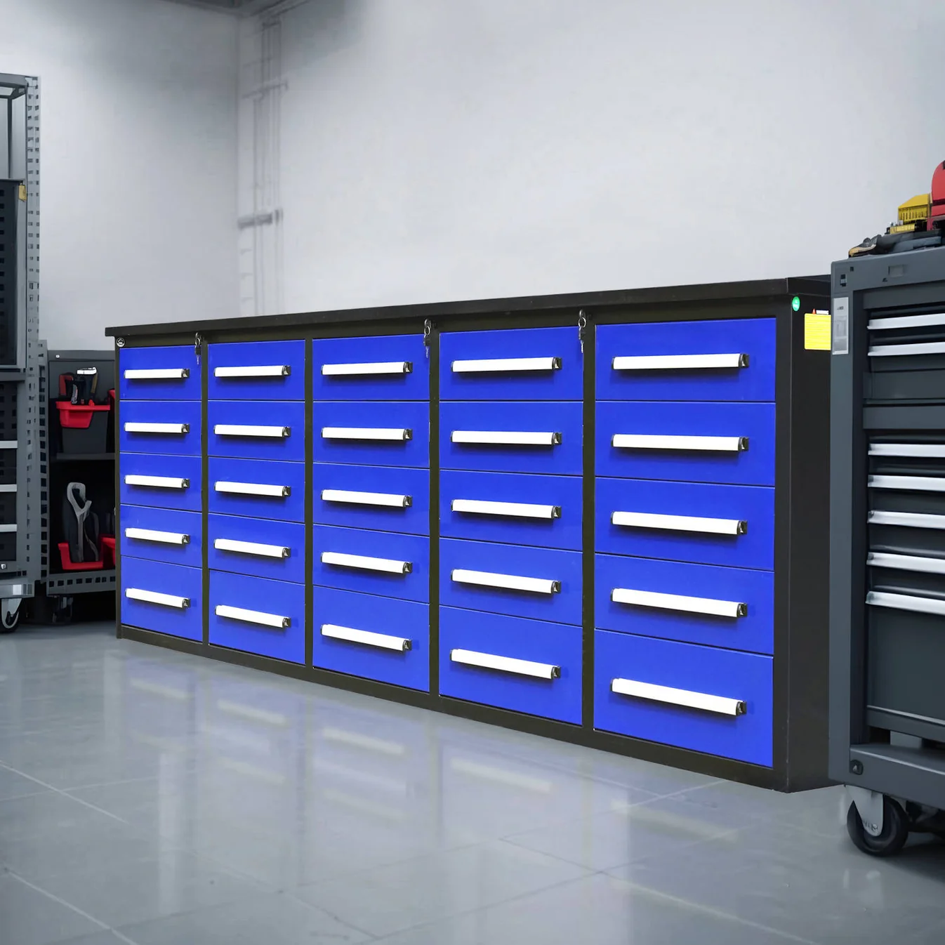 10 ft Heavy Duty Workbench with 25 Drawers 14 a blue 10ft garage cabinet in a basement 67ddda3f 615d 4e49 8012 eaa289ab2afe
