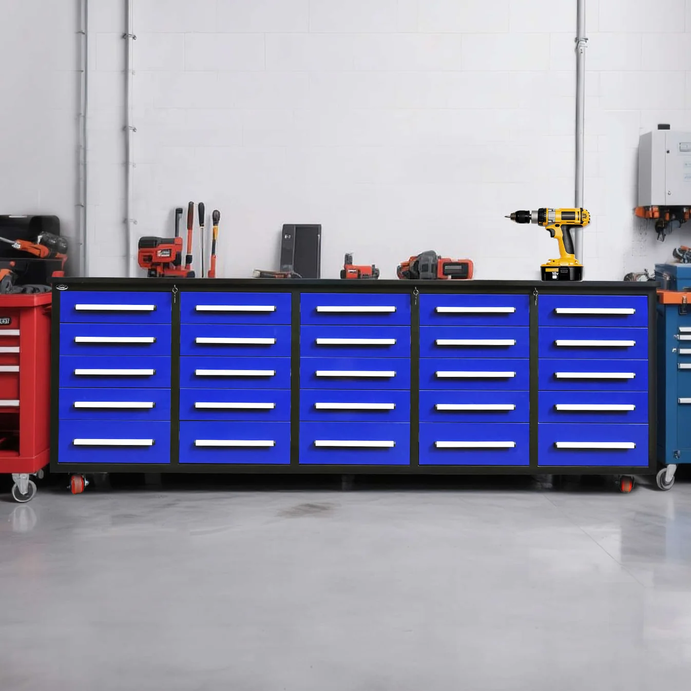 10 ft Heavy Duty Workbench with 25 Drawers 15 a blue 10ft garage cabinet with wheels in a garage 1