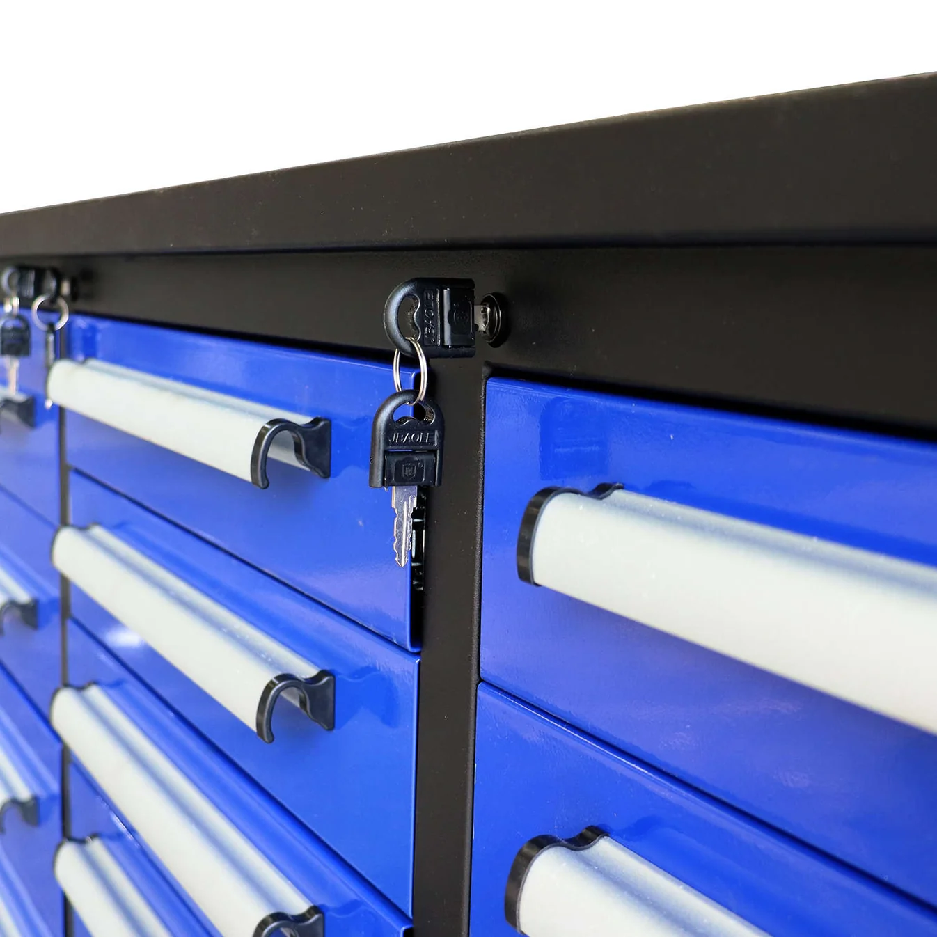10ft 25-Drawer Storage Workbench with Wheels 14 drawers with secure locks to keep your stuff safe 36ae600c 37fe 46fc a345 a7dbd4af8da8