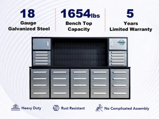 10ft Workbench Cabinet with 30 Drawers & Pegboard
